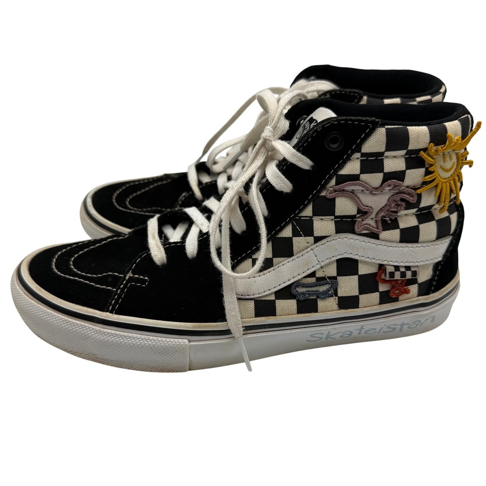 Vans SK8 Hi Pro Skate Shoes Black White Checkerboard Sun Dragon Patches Mens 8.5
